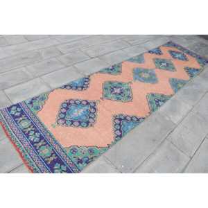 Tapis 3x11,8 pieds, tapis turc vintage, tapis en laine bleue - Product Image 3
