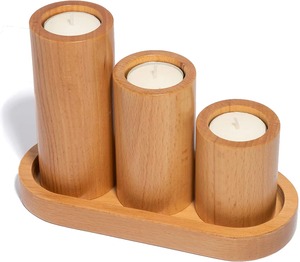 Ensemble de 3 bougeoirs en bois simples avec plateau pour la décoration de la maison, présentoir de table, salon, chambre à coucher et accent festif en provenance d'Inde - Product Image 5