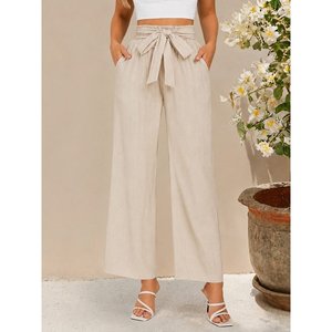 Pantalon long à taille haute élastiquée avec cordon de serrage pour femme, coupe large et froissée, 36682 - Beige - Product Image 1