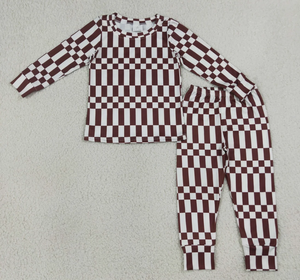 Conjunto de Pijama a Cuadros de Manga Larga para Niños, Color Granate y Blanco, Patrón Geométrico, Tejido de Punto, Estilo Casual - Product Image 1