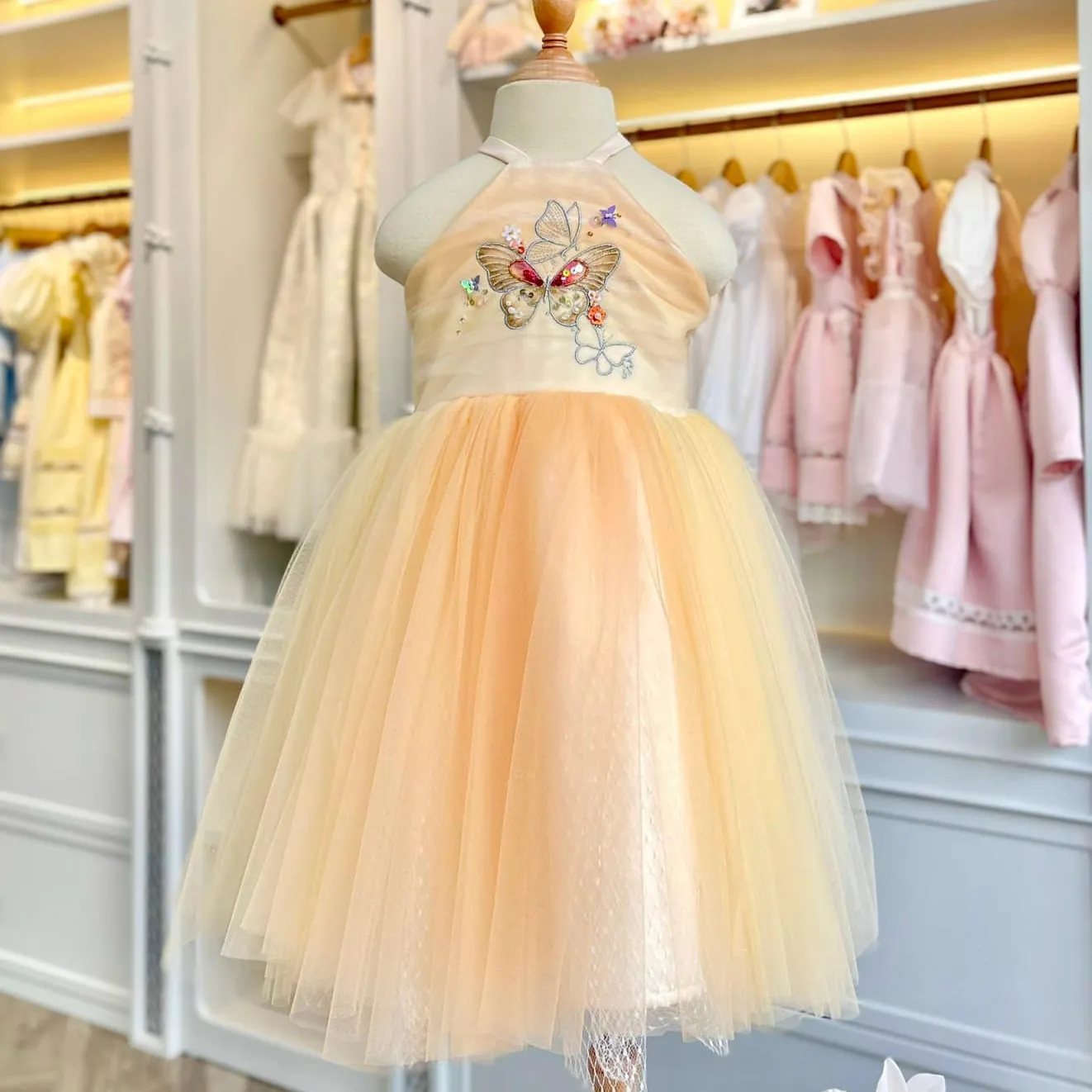 Boutique Sleeveless Assort Color Hand Beading Butterfly Embroidery Orange Wholesale Baby Girl Fairy Style Occasion Dress-Aurora
