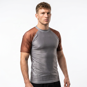 Rashguard de compression respirant à manches longues pour homme, gris et marron, à blocs de couleur, imprimé Jiu-Jitsu, séchage rapide, arts martiaux No-Gi - Product Image 1