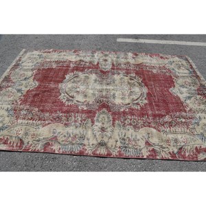 พรมตุรกีวินเทจสีแดงสีเบจ5.7 X 9.4ft พื้นที่ขนาดใหญ่งานเย็บปะทำจากขนสัตว์ออกแบบสำหรับห้องโถงหรือห้องนอน - Product Image 3