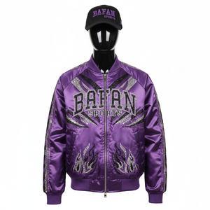 Chaqueta de Satén Premium para Mujer, Tela Morada Brillante con Paneles Adornados, Diseño de Logotipo Bordado Personalizado, Chaquetas de Satén para Mujer - Product Image 6