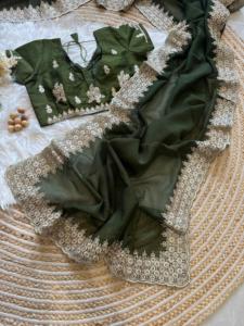 Sari de seda de gasa de diseñador con hermoso trabajo de Bordado de hilo, Sari de ropa de boda de trabajo de lentejuelas, Sari de desgaste de fiesta de diseñador - Product Image 2