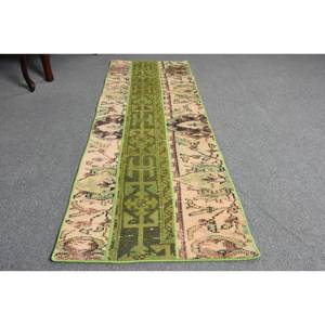 Alfombra de área turca Vintage de 2x6,5 pies, diseño clásico de retazos verde y Beige, Material de algas marinas de lana, respaldo de látex para pasillo y dormitorio - Product Image 3