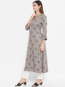 Exclusiva y Moderna Kurta para Mujer, Gris Verde con Estampado Floral, Manga Larga, Cuello con Banda, Paneles de Viscosa y Rayón, Corte en A, Lavable, Ligera - Product Image 2