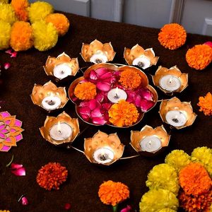 Affordable Luxury Modern <b>Home</b> and Festive Decoration Metal Craft Lotus Theme Diya Urli for Sale in Bulk - Product Image 1