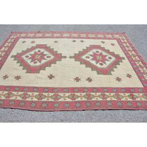 Alfombra turca clásica roja y Beige Vintage de 6,9x9,5 pies, área grande, tejido plano de retazos para decoración de sala de estar, látex de lana - Product Image 3