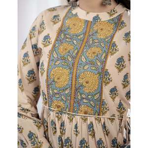 เดรสผ้าฝ้ายพิมพ์ลายสีเบจเขียว ทรงบัตติ ความยาวระดับเข่า คอจีน เอวยางยืด สไตล์ลำลอง ระบายอากาศได้ดี ขนาด XS สำหรับใส่ไปเที่ยวคลับ - Product Image 2