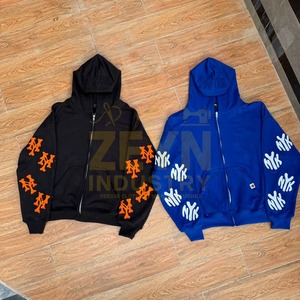 Nouveaux sweats à capuche pour hommes, automne, patchwork, imprimé graphique, logo personnalisé, fermeture éclair, 100% coton peigné, couleurs bleu/noir, manches et dos à patchs - Product Image 5