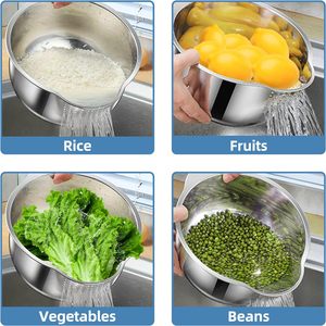 Bol de lavage en acier inoxydable 304-4 en 1 bol de lavage de riz passoire passoire passoire à mailles fines pour laver les légumes, les fruits, - Product Image 6