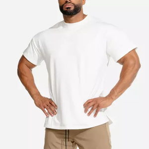 Camisetas de algodón de alta calidad de talla grande 2023 para hombre, ropa de gimnasio con hombros caídos de gran tamaño, ropa de entrenamiento lisa con patrón estampado - Product Image 1