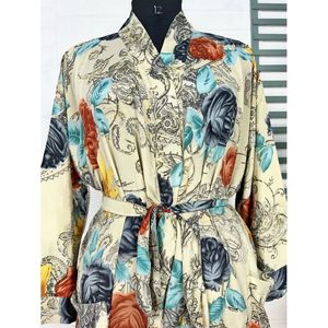 Boho Vintage Silk Sari Dressing Gown Recycled <b>Robe</b> Kimono <b>Beach</b> Cover-Up Beige Black Bridesmaid Anniversary Gift for Swimsuit - Product Image 2