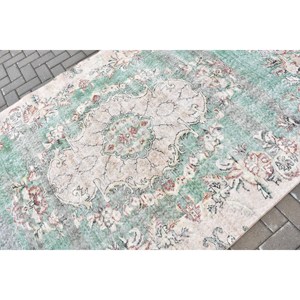 พรมตุรกีโบราณขนาดใหญ่ 5.3x9.6 ฟุต ลายตารางสีเขียว ทำจากขนสัตว์ - Product Image 5