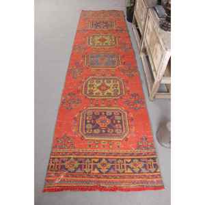 Vintage Turkish Rug, 0.2x10.3 ft <b>Runner</b> Rug, <b>Red</b> Blue Camouflage Rug - Product Image 1