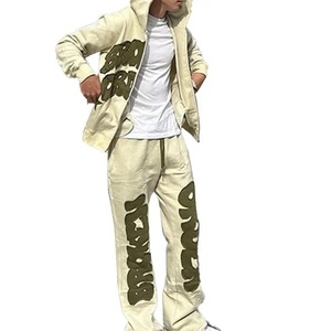 Venta al por mayor OEM Streetwear chándal apilado Joggers conjunto parche bordado Zip Up Sudadera con capucha pantalones acampanados ácido lavado sudor traje para los hombres - Product Image 2