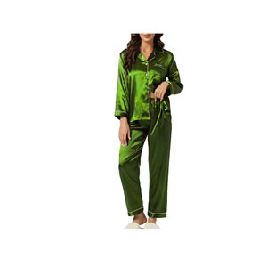 Ensemble de pyjama de salon boutonné en satin respirant pour femmes vêtements de nuit doux avec motif solide pour l'été automne printemps - Product Image 3