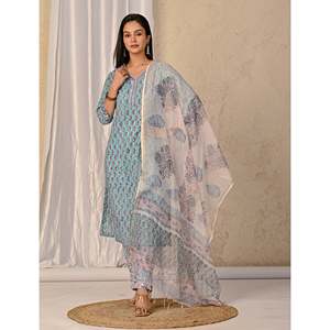 ชุดคุรตะผ้าฝ้ายพิมพ์ลายบล็อกสีเทอร์ควอยซ์ แขนสามส่วน สำหรับใส่ในชีวิตประจำวัน - Product Image 4