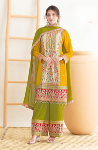 Traje de estilo paquistaní Premium hecho a mano para adultos tamaño libre étnico con Chinon Dori bordado espejo trabajo diseño cosido - Product Image 2