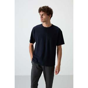 Camiseta Azul Marino 100% Algodón para Hombre, Corte Holgado con Textura Gruesa y Tela Jersey Estampada-88369 - Product Image 6