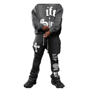 ชุดเซ็ตเสื้อฮู้ดดี้พิมพ์ลายพัฟฟ์สไตล์สตรีทแวร์ ลวดลายโลโก้แบบกำหนดเอง ล้างสีแบบ Acid Wash พร้อมกางเกงวอร์มทรงขาบานแบบซ้อนชั้น ชุดแทรคสูทแบบมีซิป - Product Image 3