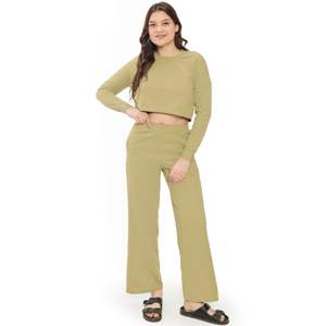 Ensemble élégant de couleur unie pour femmes avec haut tricoté à col rond et pantalon en mélange de polyester pour un confort quotidien - Product Image 5