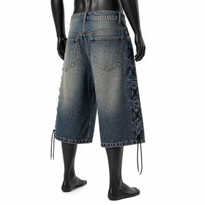 Pantalones cortos de mezclilla con cordones para hombre, estilo holgado, con estampado de estrellas, hasta la rodilla, estilo urbano, OEM al por mayor - Product Image 5