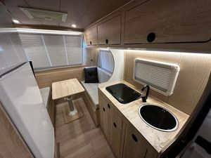 FIRMO Maxi 410 Mini Caravan 4 Person Aluminum Travel Trailer Slide-Out <b>Kitchen</b> Modern <b>Camping</b> RV White Exterior - Product Image 3