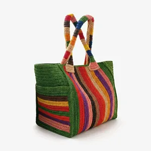 Striped <b>Raffia</b> Tote Bag Bohemian <b>Handbag</b> Water-Resistant Open Top Cotton Lining Portable for Spring Beach Travel Daily Use - Product Image 4