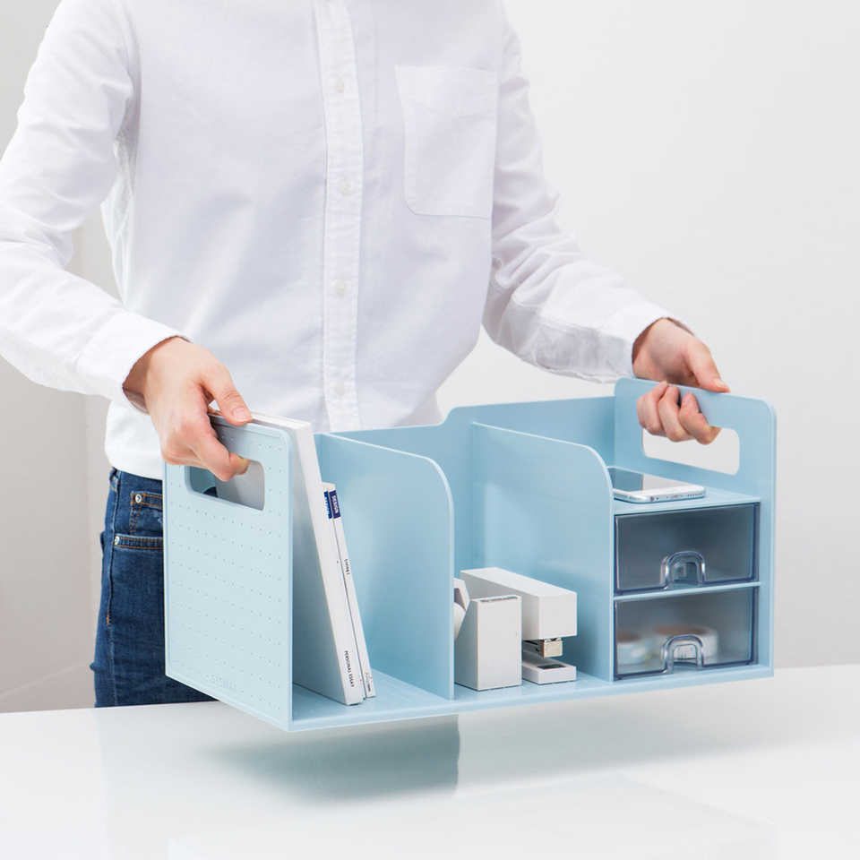 2-Compartment Metal Wood & PP Material Desk Book Organizer with Storage Drawers for Office & Living Room
