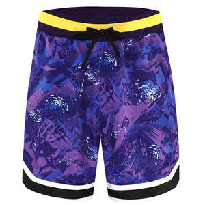Shorts de sport personnalisés en maille pour homme, couleur violet, avec ceinture jaune et poche zippée, style streetwear, basketball - Product Image 3