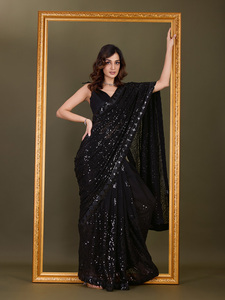 Trendmalls Sari en Georgette Brodé pour Femme avec Pièce de Blouse Non Cousue (K1009) Noir Style Fête pour Été Hiver Mariage - Product Image 2