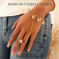Set Cincin Rantai Tangan Kupu-kupu Emas, Gelang Adjustable dari Seng, Gelang Budak, Perhiasan Wanita Gaya Boho, Grosir
