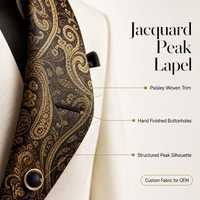 Tuxedo Putih untuk Pria dengan Kerah Peak Jacquard Paisley, Celana Pengantin, Dasi Kupu-kupu, Sapu Tangan Saku, Pesanan Grosir OEM ODM