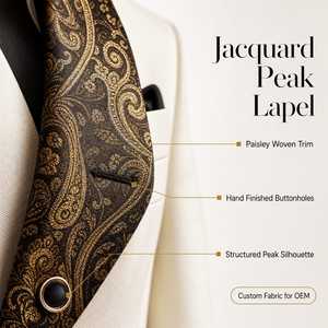<span class=keywords><strong>Smoking</strong></span> bianco da uomo <span class=keywords><strong>con</strong></span> risvolto a punta in jacquard Paisley, pantaloni da sposo, papillon e pochette - Ordini all'ingrosso OEM ODM - Product Image 2