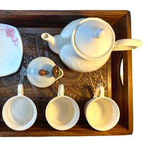 ชุดรถเข็นชาไม้แกะสลักด้วยมือแบบดั้งเดิมพร้อมถาดเสิร์ฟและกล่องไม้แกะสลักด้วยมือแบบดั้งเดิม - Product Image 4