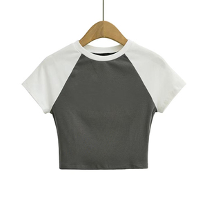 Logo imprimé personnalisé femmes haut court T-Shirt col rond respirant anti-rides teint uni motif cachemire - Product Image 3