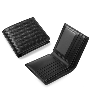 Men's Genuine Leather <b>Wallet</b> Short Folded RFID Protection Geometric Pattern Black Minimalist Style Daily Use - Product Image 1