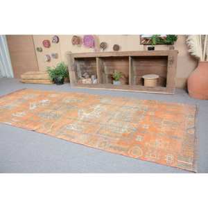 Tapis Vintage Turc Bohème Orange Bleu 3.9X10 pieds Laine Grande Zone Patchwork Motif pour Couloir Chambre Latex pour Chevet - Product Image 4