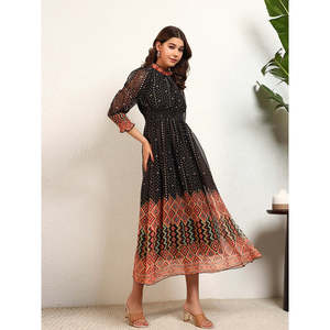 Deebaco Women's Boho Maxi <b>Dress</b> Bandhani Print Chiffon Lantern Sleeve High Neck Loose Fit Sheer Layer All Seasons Casual - Product Image 5
