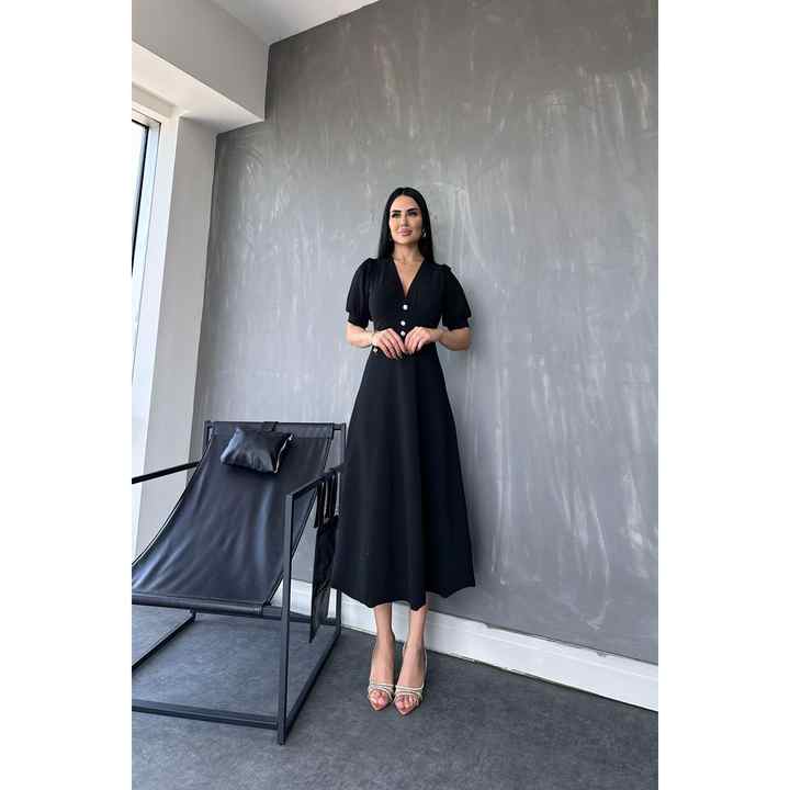 V Neck Knitted Crepe Stone Buttoned Flared Summer Dress