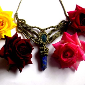 Lapis Lazuli & Labradorite Macrame <b>Necklace</b> Green Thread Boho Gemstone Pendant Handmade <b>Statement</b> Jewelry - Product Image 1
