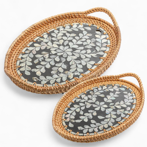 Plateau ovale en rotin avec incrustation de nacre, vente en gros, ensemble de vaisselle pour restaurants, hôtels, traiteurs - Product Image 2