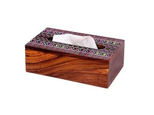 Soporte de pañuelos de madera real con diseño de borde de incrustaciones de latón Caja de pañuelos de madera de estilo antiguo con talla tradicional a bajo precio - Product Image 6