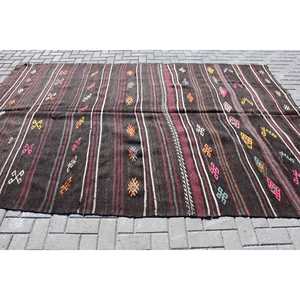 Turkish Vintage Rug, 6.7x10.4 ft Large Rug, <b>Brown</b> Red Bordered <b>Wool</b> Rug - Product Image 3