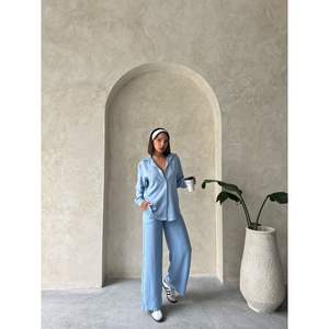 Pantalons et jupes pour femmes Topshow en lin bleu, produit en gros - Product Image 4