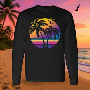 Camiseta vintage de manga larga con diseño de palmera al atardecer para amantes de la playa - Product Image 3