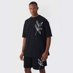 Venta al por mayor chándal 100% algodón camisa y pantalones cortos lavado ácido serigrafía Logo Twin Set para hombres - Product Image 1