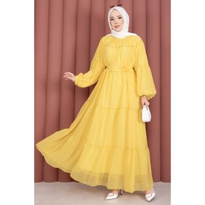 Vestido de Gasa Amarillo Oscuro con Spandex, Detalle Fruncido y Capas, Cintura Imperio, Sexy para Club/Día a Día, Tallas XS-XL, Incluye Forro - Product Image 4
